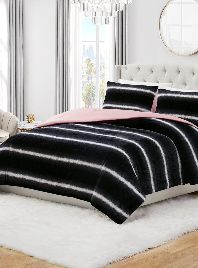 Faux Fur Ombre Stripe Comforter Set Same Day Delivery