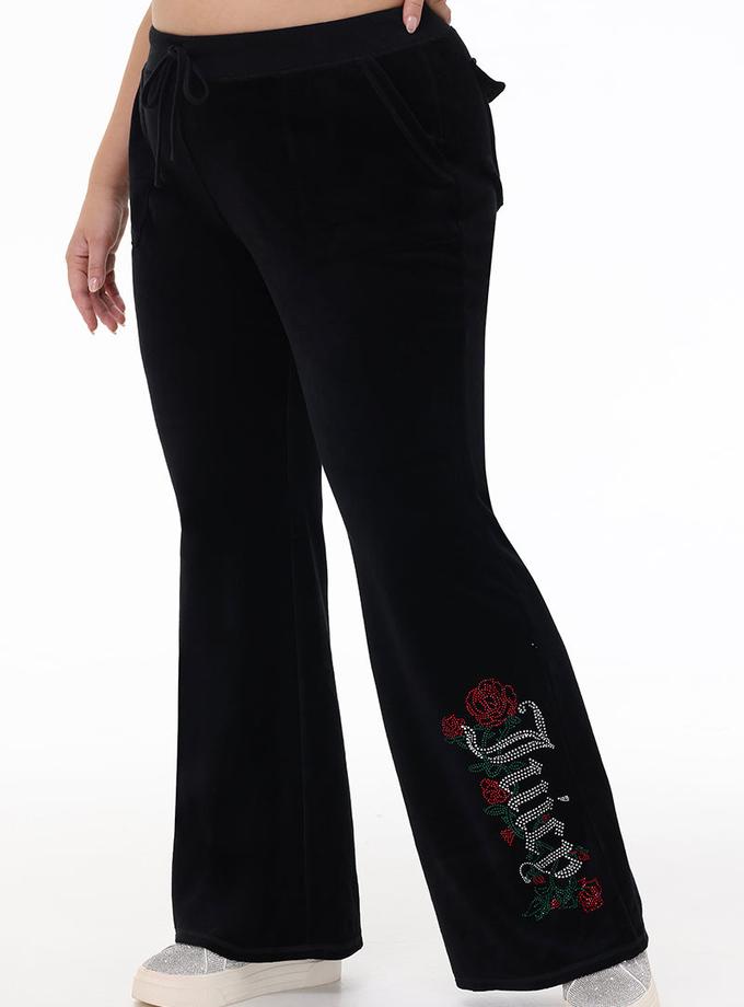 Plus-Size Juicy Roses Bling Snap Pocket Cotton Velour Pants New Arrival